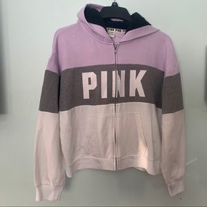 PINK fuzzy hooded zip up purp/grey/white